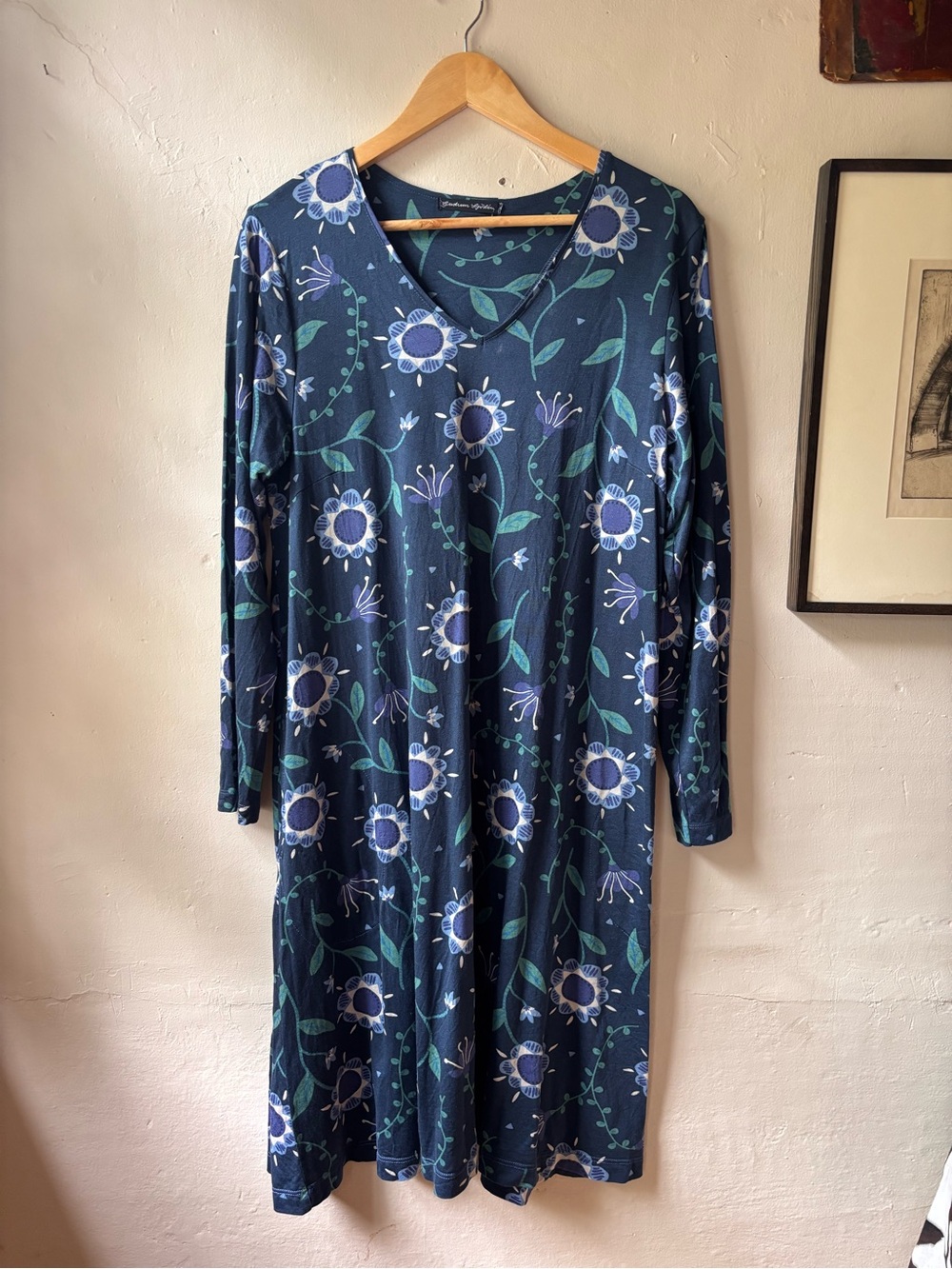 Gudrun Sjodren Women’s Floral Long Sleeve v Neck Dress Pockets Navy & Green EX